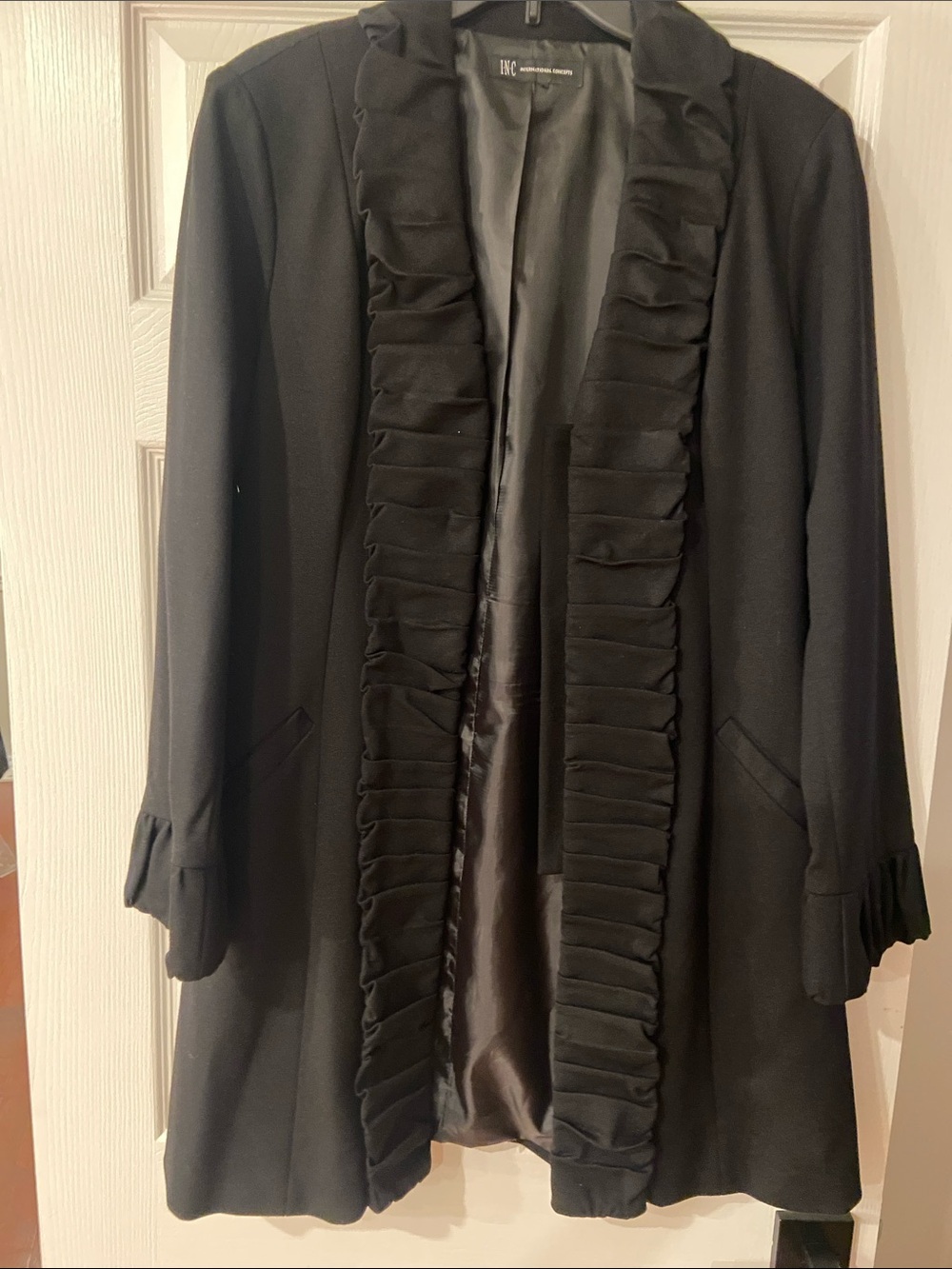 INC International Concepts Black Ruffle-Front Trench Coat